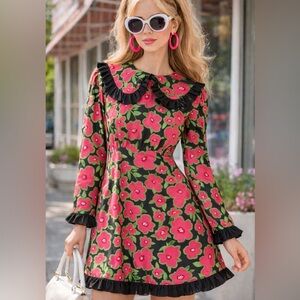 Asos Twisted Wunder Pink & Black Floral Print Bib Collar Long Sleeve Dress